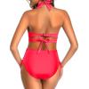 imageHolipick Women Two Piece Retro Swimsuit High Waisted Bikini Full Coverage Halter Bathing Suit with Tummy Control BottomSolid Red