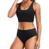 imageHolipick Women Two Piece Sports Swimsuit Crop Top Bathing Suit with Bottom High Waisted Bikini for Teen GirlsBlack