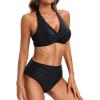 imageHolipick Women Two Piece Swimsuit High Waisted Bikini Sets Halter Top with Bottoms Tummy Comtrol Bathing SuitBlack