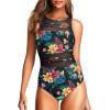 imageHolipick Women High Neck One Piece Mesh Swimsuits Full Coverage Bathing Suits Slimming SwimwearBlack Floral