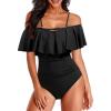 imageHolipick Women Off Shoulder One Piece Swimsuits Tummy Control Bathing Suits Vintage Ruffle SwimwearBlack