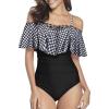 imageHolipick Women Off Shoulder One Piece Swimsuits Tummy Control Bathing Suits Vintage Ruffle SwimwearBlack White