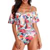 imageHolipick Women Off Shoulder One Piece Swimsuits Tummy Control Bathing Suits Vintage Ruffle SwimwearPink Leaf