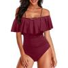 imageHolipick Women Off Shoulder One Piece Swimsuits Tummy Control Bathing Suits Vintage Ruffle SwimwearWine Red