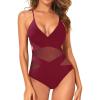imageHolipick Women Sexy One Piece Swimsuits Mesh High Waisted Bathing Suits Plunge V Neck Monokini Cutout SwimwearWine Red