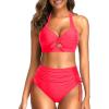 imageHolipick Women Two Piece Retro Swimsuit High Waisted Bikini Full Coverage Halter Bathing Suit with Tummy Control BottomSolid Red