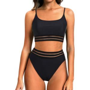 imageHolipick High Waisted Bikini Sets for Women Tummy Control Two Piece Swimsuit Mesh Sport Bathing Suit with BottomBlack