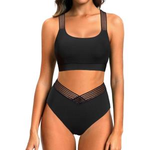 imageHolipick High Waisted Bikini Sets for Women Tummy Control Two Piece Swimsuit Mesh Sport Bathing Suit with BottomBlack Cross