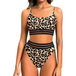 imageHolipick High Waisted Bikini Sets for Women Tummy Control Two Piece Swimsuit Mesh Sport Bathing Suit with BottomLeopard