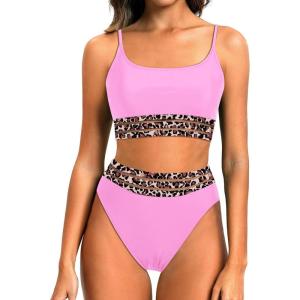 imageHolipick High Waisted Bikini Sets for Women Tummy Control Two Piece Swimsuit Mesh Sport Bathing Suit with BottomPink