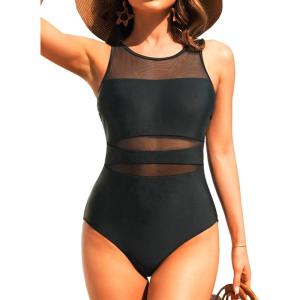 imageHolipick Women High Neck One Piece Mesh Swimsuits Full Coverage Bathing Suits Slimming SwimwearSolid Black