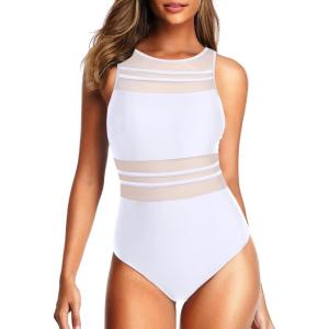 imageHolipick Women High Neck One Piece Mesh Swimsuits Full Coverage Bathing Suits Slimming SwimwearWhite