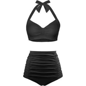 imageHolipick Women High Waisted Bikini Set Two Piece Swimsuit Tummy Control Bathing Suit Vintage Halter SwimwearBlack