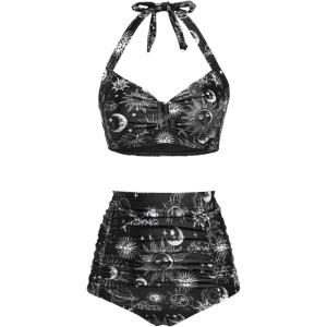 imageHolipick Women High Waisted Bikini Set Two Piece Swimsuit Tummy Control Bathing Suit Vintage Halter SwimwearBlack Sun Moon