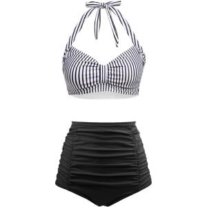 imageHolipick Women High Waisted Bikini Set Two Piece Swimsuit Tummy Control Bathing Suit Vintage Halter SwimwearBlack White Stripe