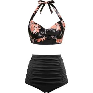 imageHolipick Women High Waisted Bikini Set Two Piece Swimsuit Tummy Control Bathing Suit Vintage Halter SwimwearBlack and Flower