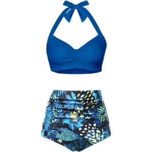 imageHolipick Women High Waisted Bikini Set Two Piece Swimsuit Tummy Control Bathing Suit Vintage Halter SwimwearBlue Floral