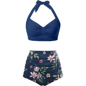 imageHolipick Women High Waisted Bikini Set Two Piece Swimsuit Tummy Control Bathing Suit Vintage Halter SwimwearBlue Flower