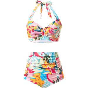 imageHolipick Women High Waisted Bikini Set Two Piece Swimsuit Tummy Control Bathing Suit Vintage Halter SwimwearColorful Floral