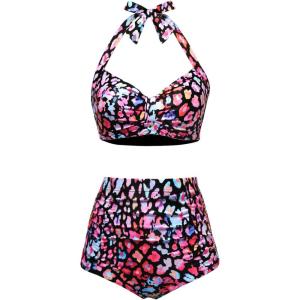 imageHolipick Women High Waisted Bikini Set Two Piece Swimsuit Tummy Control Bathing Suit Vintage Halter SwimwearColorful Leopard