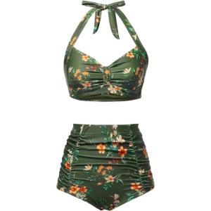 imageHolipick Women High Waisted Bikini Set Two Piece Swimsuit Tummy Control Bathing Suit Vintage Halter SwimwearGreen Flowers
