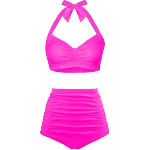 imageHolipick Women High Waisted Bikini Set Two Piece Swimsuit Tummy Control Bathing Suit Vintage Halter SwimwearHot Pink