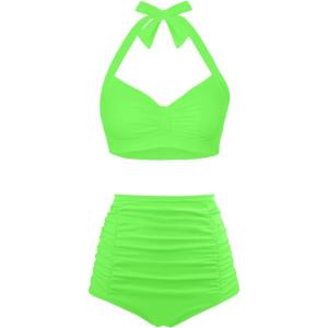imageHolipick Women High Waisted Bikini Set Two Piece Swimsuit Tummy Control Bathing Suit Vintage Halter SwimwearNeon Green