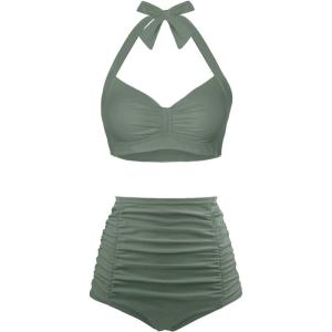 imageHolipick Women High Waisted Bikini Set Two Piece Swimsuit Tummy Control Bathing Suit Vintage Halter SwimwearOlive Green