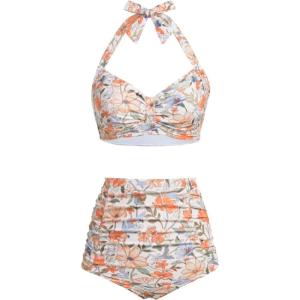 imageHolipick Women High Waisted Bikini Set Two Piece Swimsuit Tummy Control Bathing Suit Vintage Halter SwimwearOrange Floral Printe