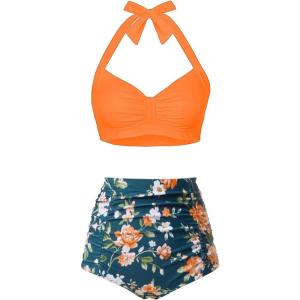 imageHolipick Women High Waisted Bikini Set Two Piece Swimsuit Tummy Control Bathing Suit Vintage Halter SwimwearOrange Flowers