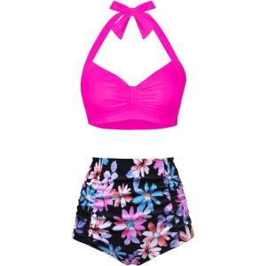 imageHolipick Women High Waisted Bikini Set Two Piece Swimsuit Tummy Control Bathing Suit Vintage Halter SwimwearPink Floral