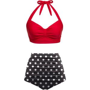 imageHolipick Women High Waisted Bikini Set Two Piece Swimsuit Tummy Control Bathing Suit Vintage Halter SwimwearRed Black Polka