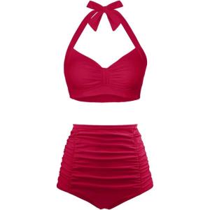 imageHolipick Women High Waisted Bikini Set Two Piece Swimsuit Tummy Control Bathing Suit Vintage Halter SwimwearRed Crimson