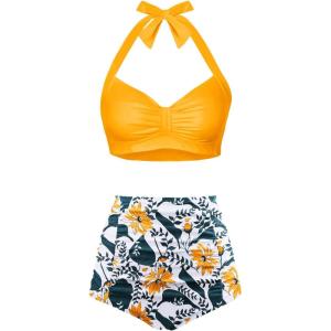 imageHolipick Women High Waisted Bikini Set Two Piece Swimsuit Tummy Control Bathing Suit Vintage Halter SwimwearYellow Floral
