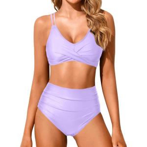 imageHolipick Women High Waisted Bikini Set Two Piece Swimsuits Push up Wrap Swim Suits Top Tummy Control Bathing SuitLavender