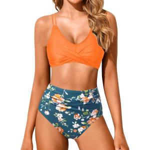 imageHolipick Women High Waisted Bikini Set Two Piece Swimsuits Push up Wrap Swim Suits Top Tummy Control Bathing SuitOrange  Blue