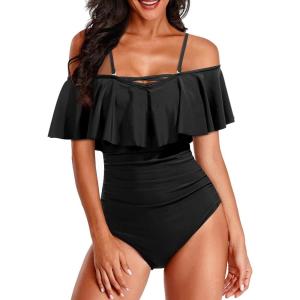imageHolipick Women Off Shoulder One Piece Swimsuits Tummy Control Bathing Suits Vintage Ruffle SwimwearBlack