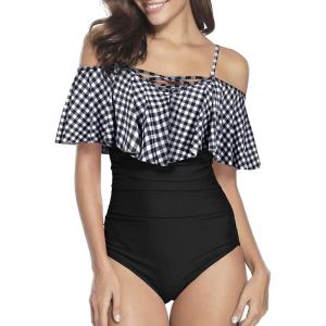 imageHolipick Women Off Shoulder One Piece Swimsuits Tummy Control Bathing Suits Vintage Ruffle SwimwearBlack White