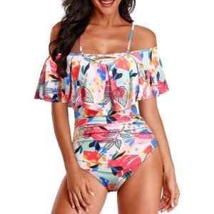 imageHolipick Women Off Shoulder One Piece Swimsuits Tummy Control Bathing Suits Vintage Ruffle SwimwearPink Leaf