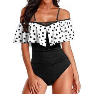 imageHolipick Women Off Shoulder One Piece Swimsuits Tummy Control Bathing Suits Vintage Ruffle SwimwearWhite Dot