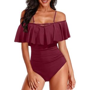 imageHolipick Women Off Shoulder One Piece Swimsuits Tummy Control Bathing Suits Vintage Ruffle SwimwearWine Red