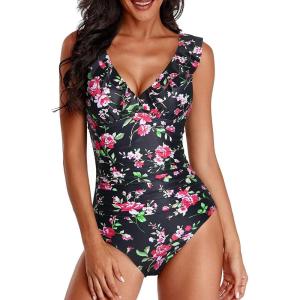 imageHolipick Women One Piece Swimsuits Tummy Control Bathing Suit Ruffle V Neck Swimwear Slimming MonokiniPink Floral