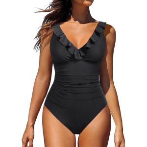 imageHolipick Women One Piece Swimsuits Tummy Control Bathing Suit Ruffle V Neck Swimwear Slimming MonokiniWhole Black