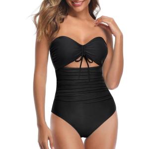 imageHolipick Women Tummy Control One Piece Swimsuits Strapless Bandeau Bathing Suits Ruched Slimming SwimwearBlack