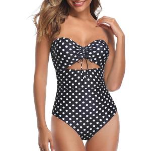 imageHolipick Women Tummy Control One Piece Swimsuits Strapless Bandeau Bathing Suits Ruched Slimming SwimwearBlack Dot