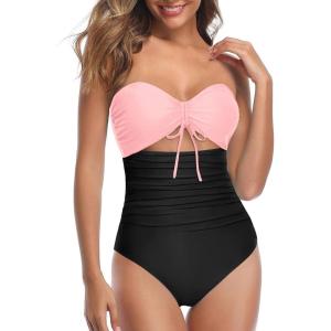 imageHolipick Women Tummy Control One Piece Swimsuits Strapless Bandeau Bathing Suits Ruched Slimming SwimwearPink Black