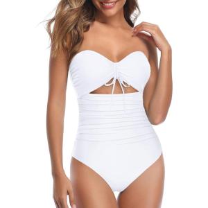 imageHolipick Women Tummy Control One Piece Swimsuits Strapless Bandeau Bathing Suits Ruched Slimming SwimwearWhite
