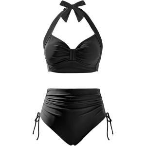 imageHolipick Women Two Piece Retro Swimsuit Halter Tummy Control High Waisted Bikini with BottomWhole Black