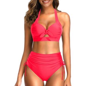 imageHolipick Women Two Piece Retro Swimsuit High Waisted Bikini Full Coverage Halter Bathing Suit with Tummy Control BottomSolid Red