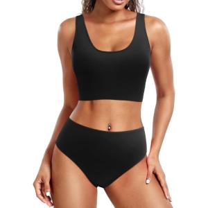 imageHolipick Women Two Piece Sports Swimsuit Crop Top Bathing Suit with Bottom High Waisted Bikini for Teen GirlsBlack